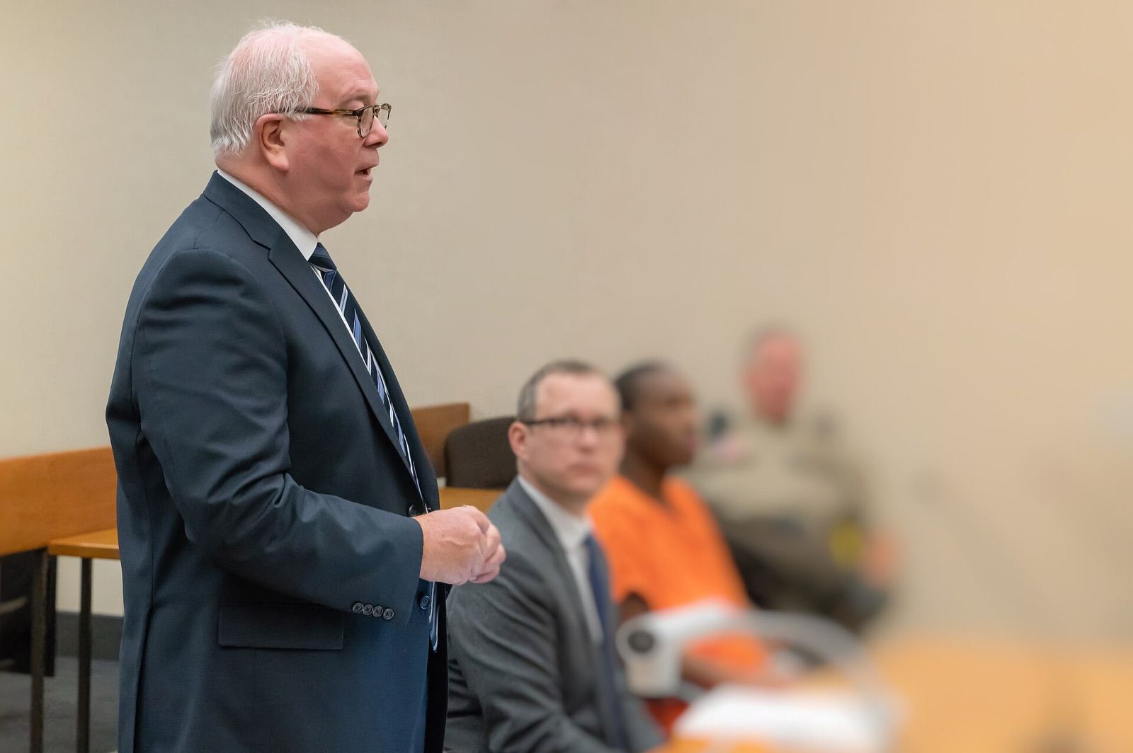 A prosecutor arguing a motion in court